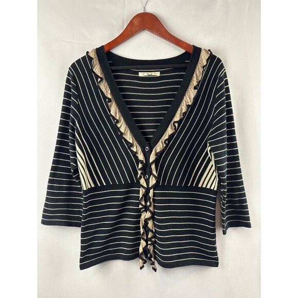 Cabi Black & Beige Striped Cardigan Sweater Medium 3/4 Sleeve Ruffle Trim V-Neck - Picture 2 of 5